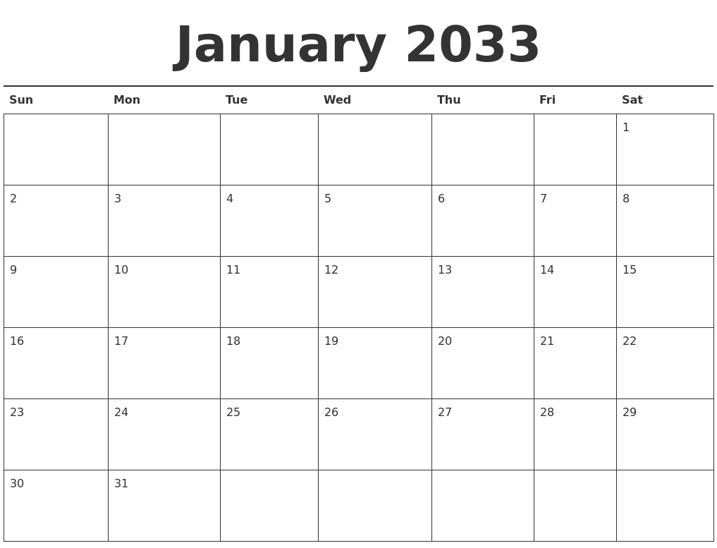 January 2033 Calendar Printable