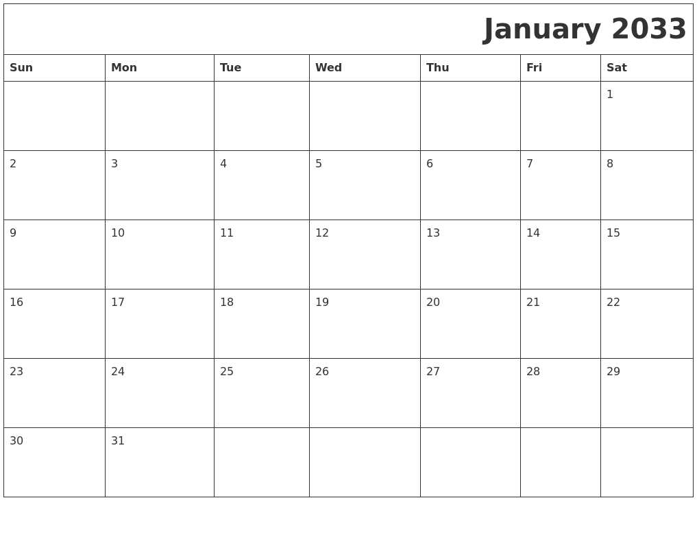 January 2033 Download Calendar