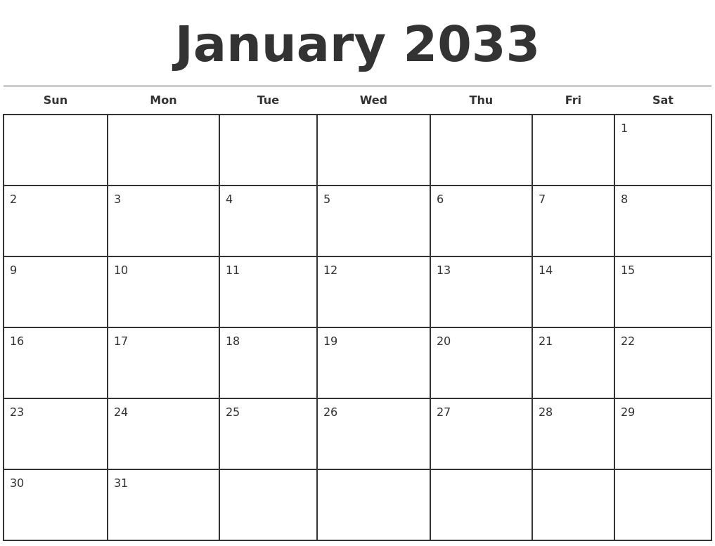 January 2033 Monthly Calendar Template