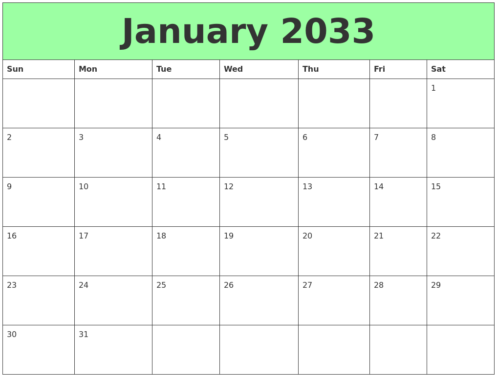 January 2033 Printable Calendars