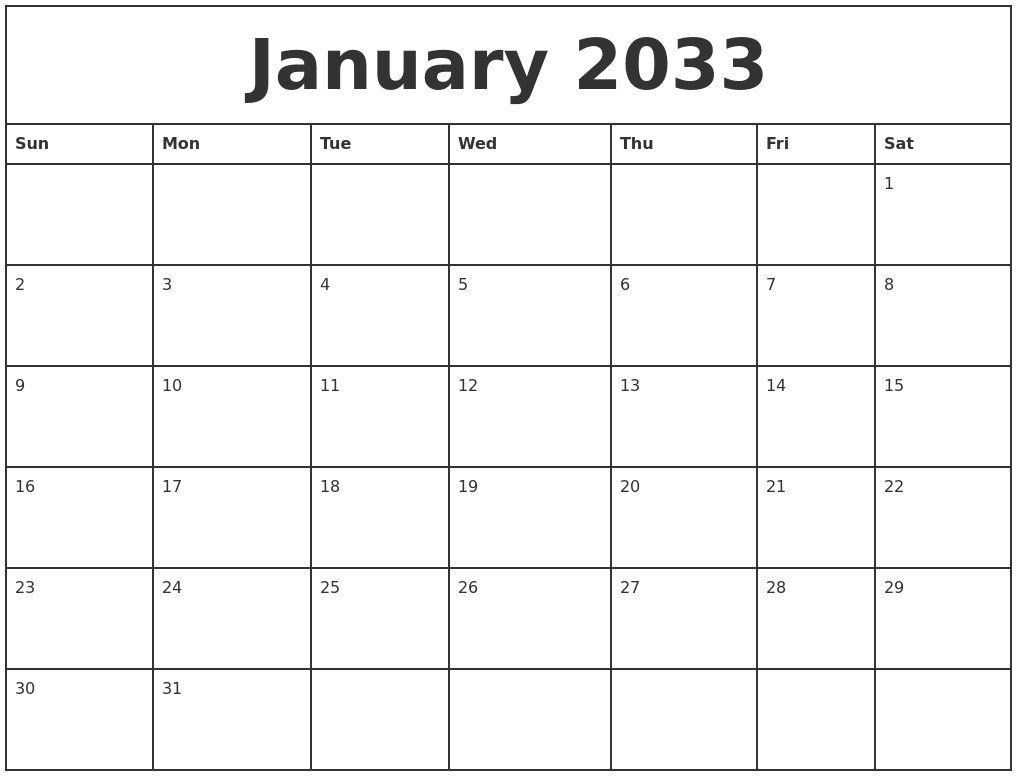 January 2033 Printable Monthly Calendar