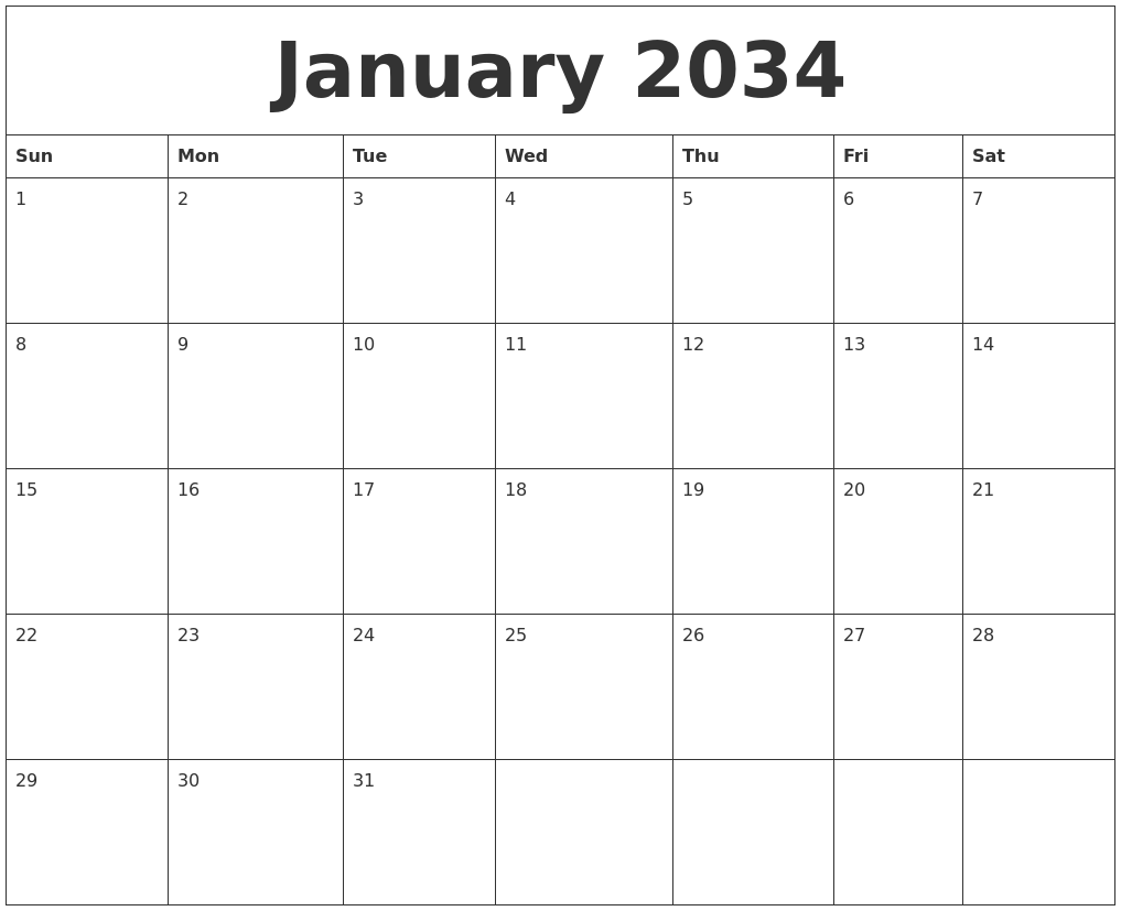 January 2034 Birthday Calendar Template