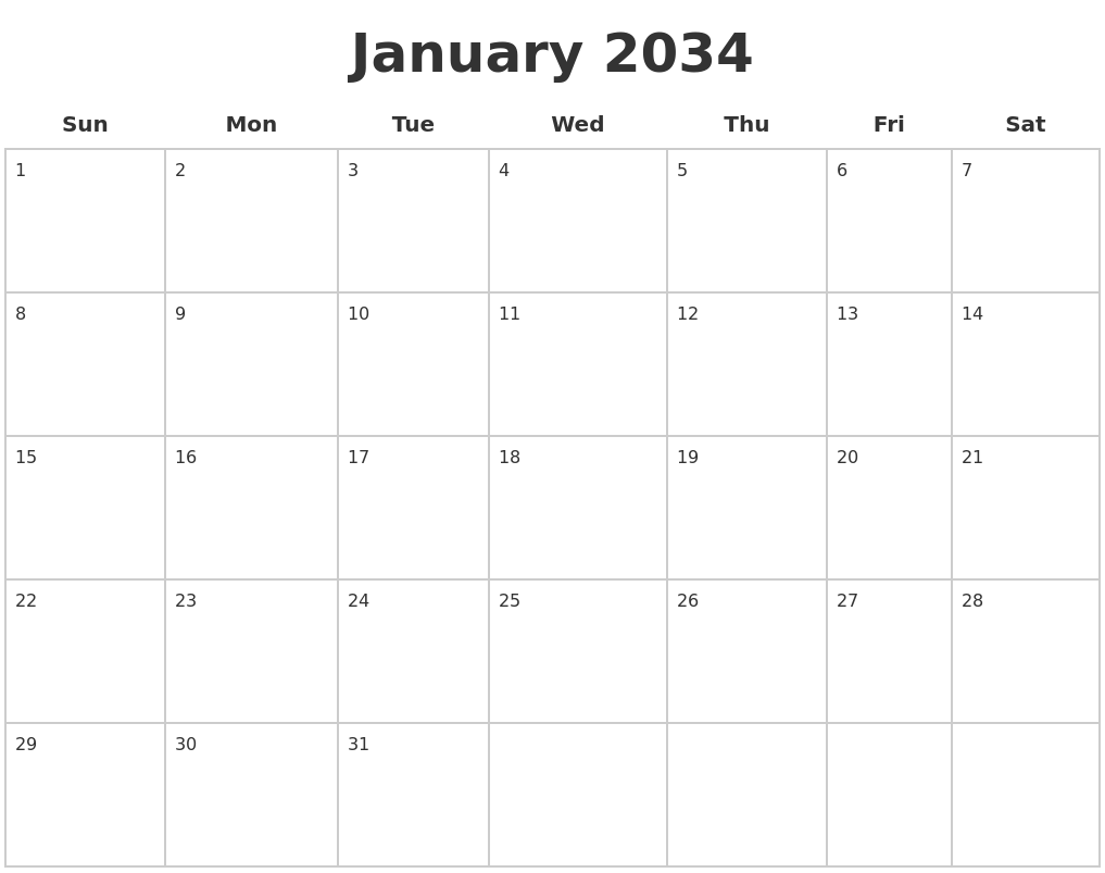 January 2034 Blank Calendar Pages