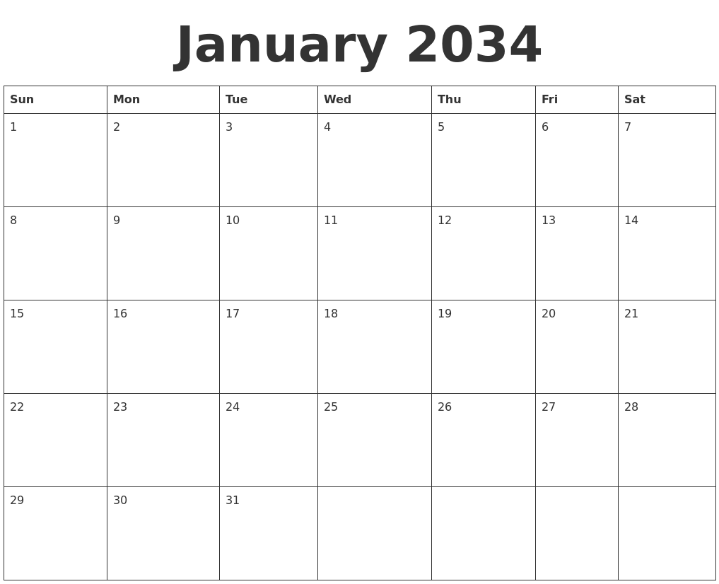 January 2034 Blank Calendar Template