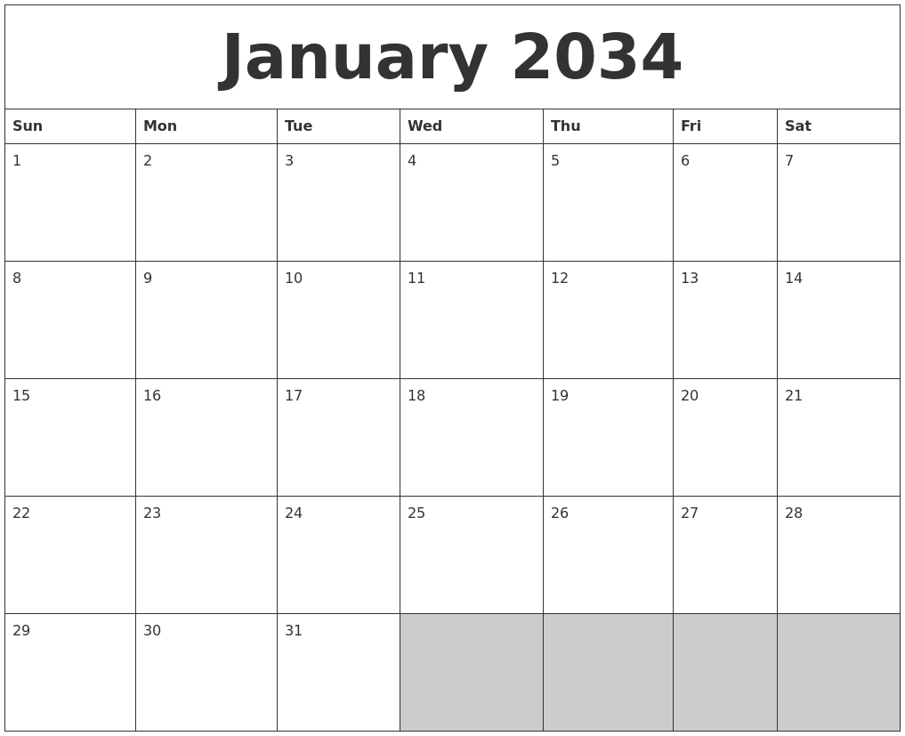 January 2034 Blank Printable Calendar