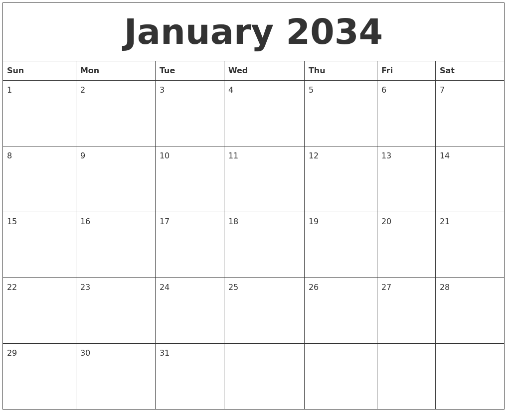 January 2034 Blank Printable Calendars