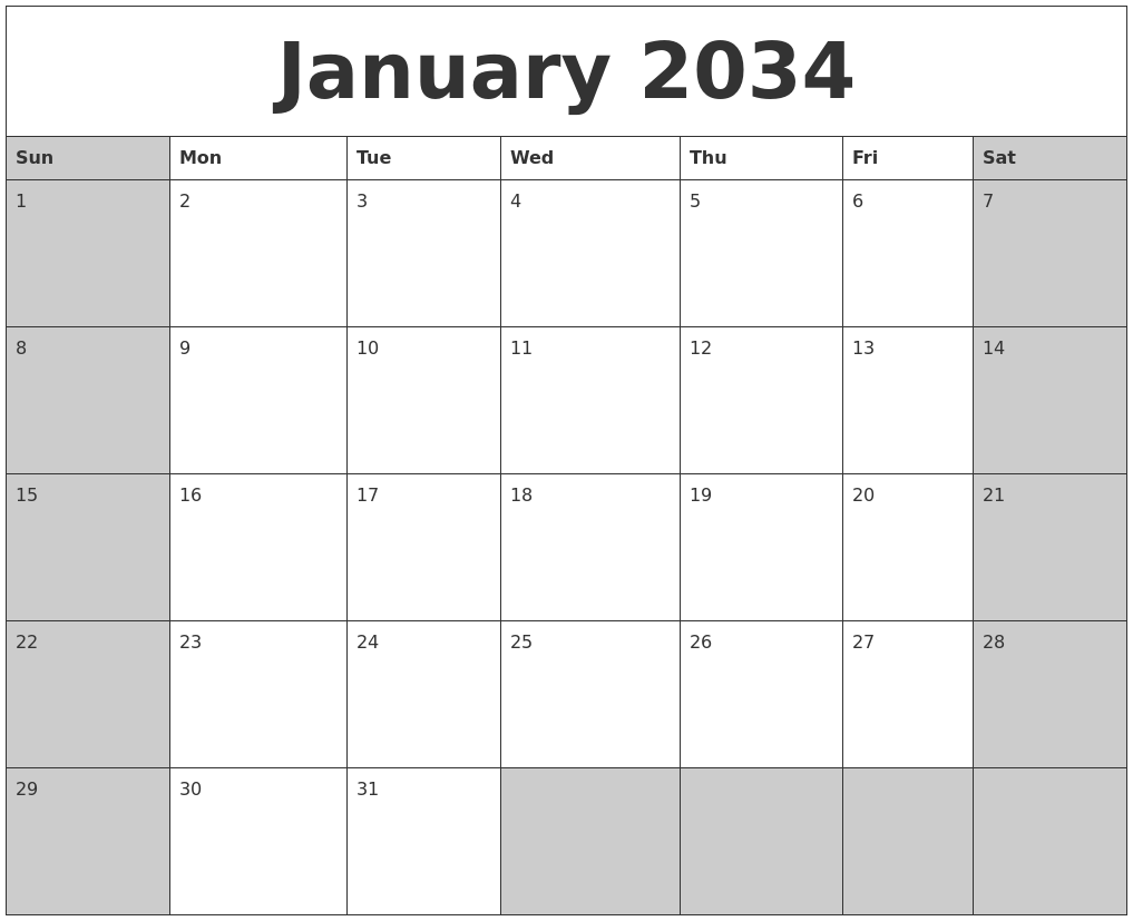 January 2034 Calanders