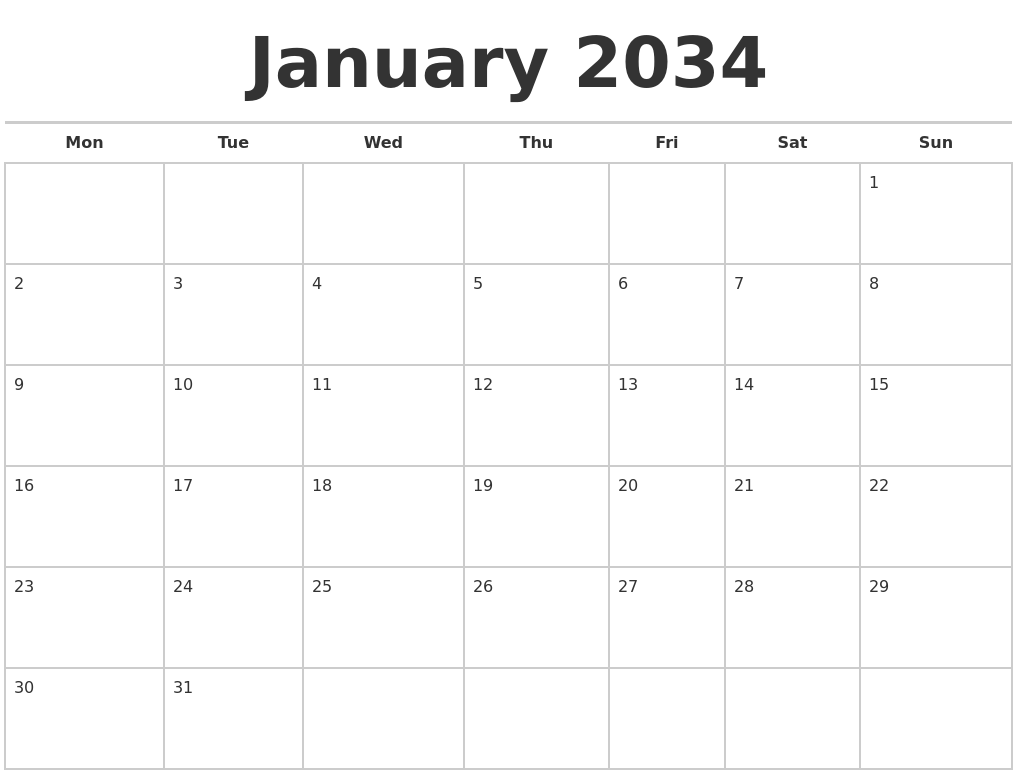January 2034 Calendars Free