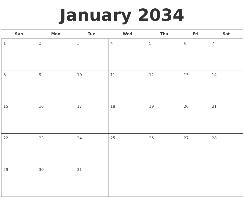January 2034 Free Calendar Template