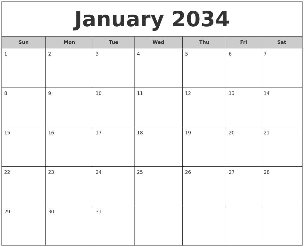 January 2034 Free Monthly Calendar