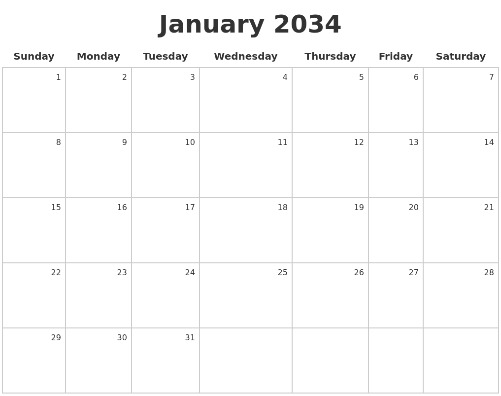 January 2034 Make A Calendar