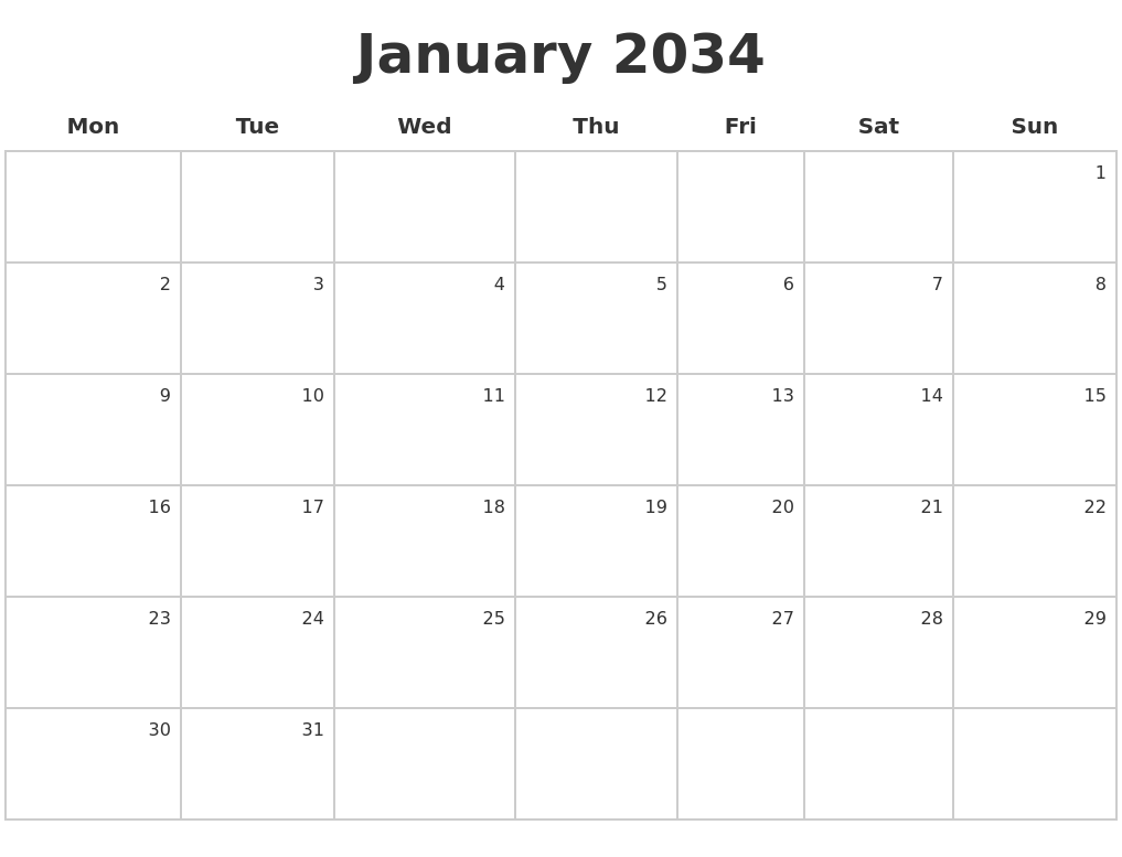 January 2034 Make A Calendar