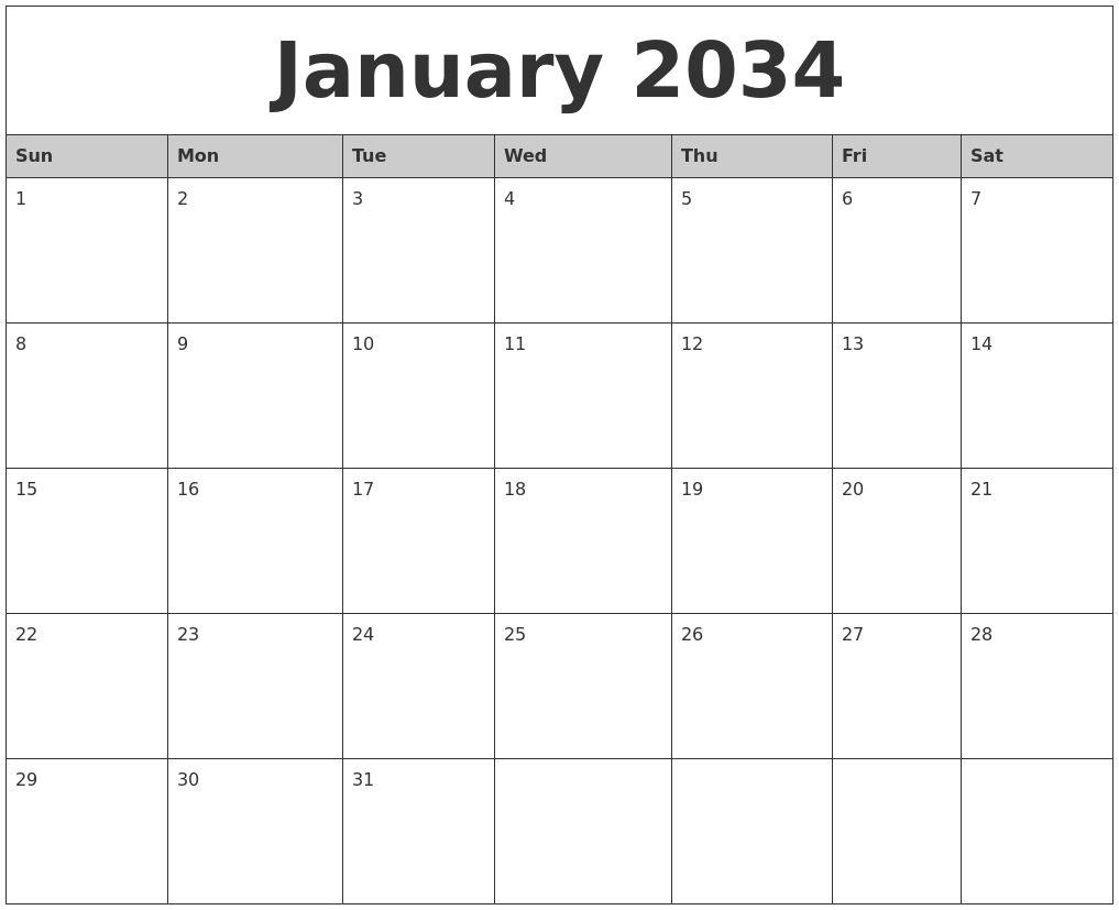 January 2034 Monthly Calendar Printable