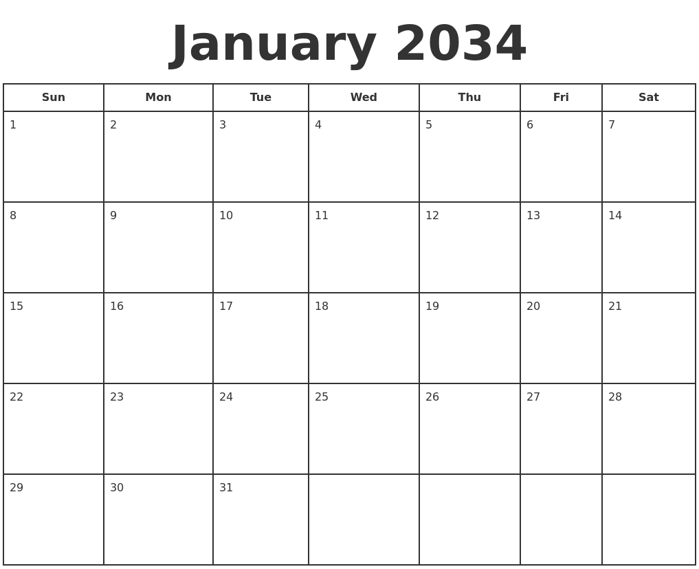 January 2034 Print A Calendar