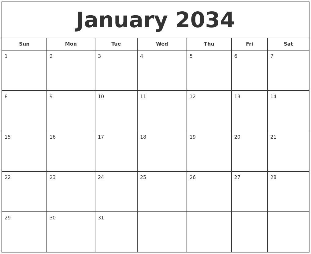 January 2034 Print Free Calendar