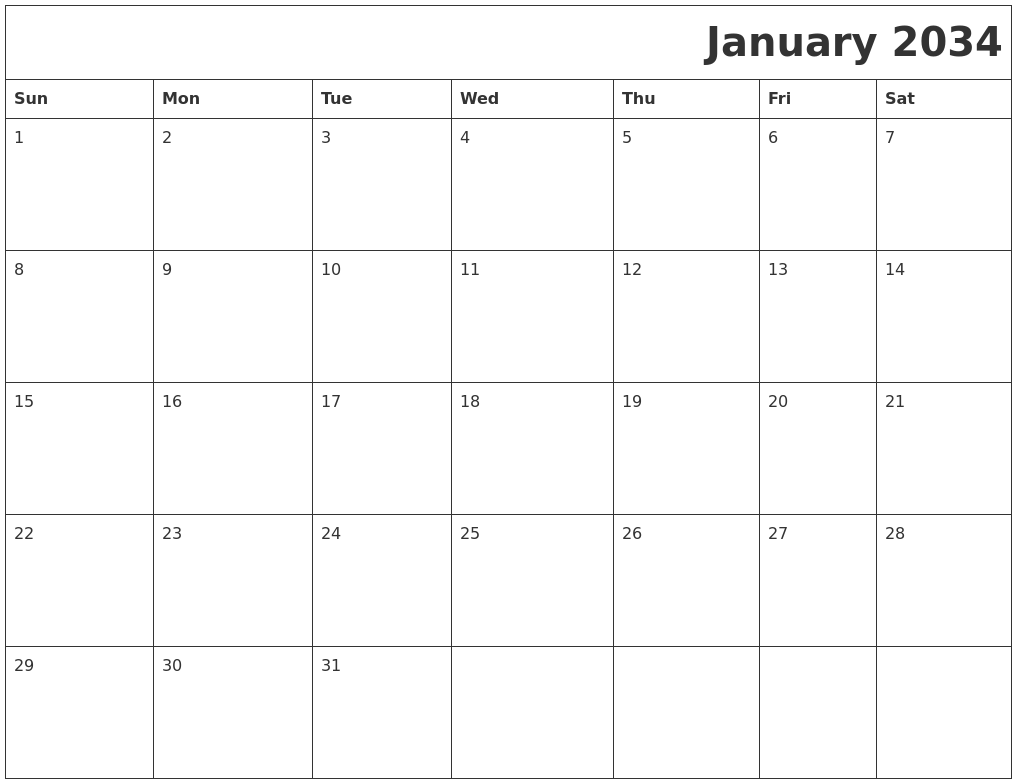 January 2034 Printable Calender