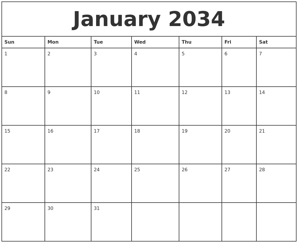 January 2034 Printable Monthly Calendar