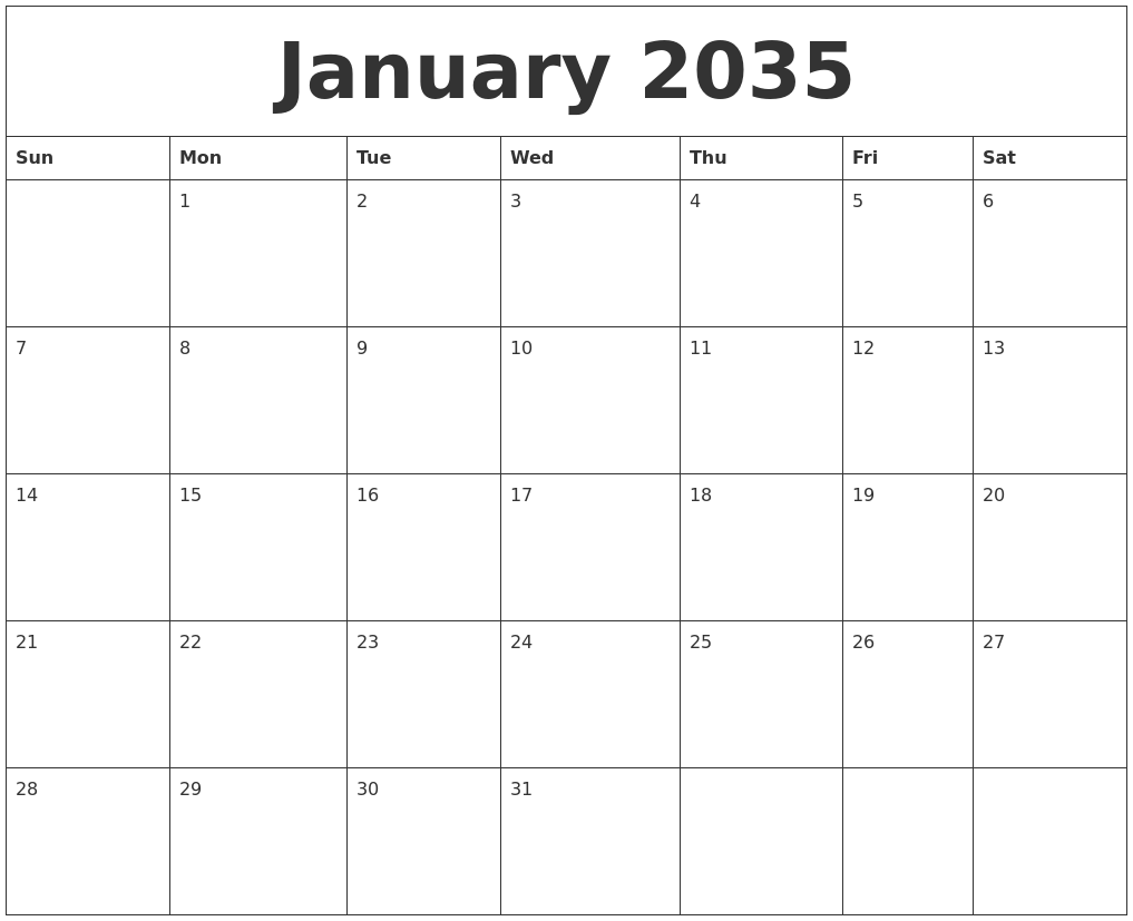 January 2035 Birthday Calendar Template