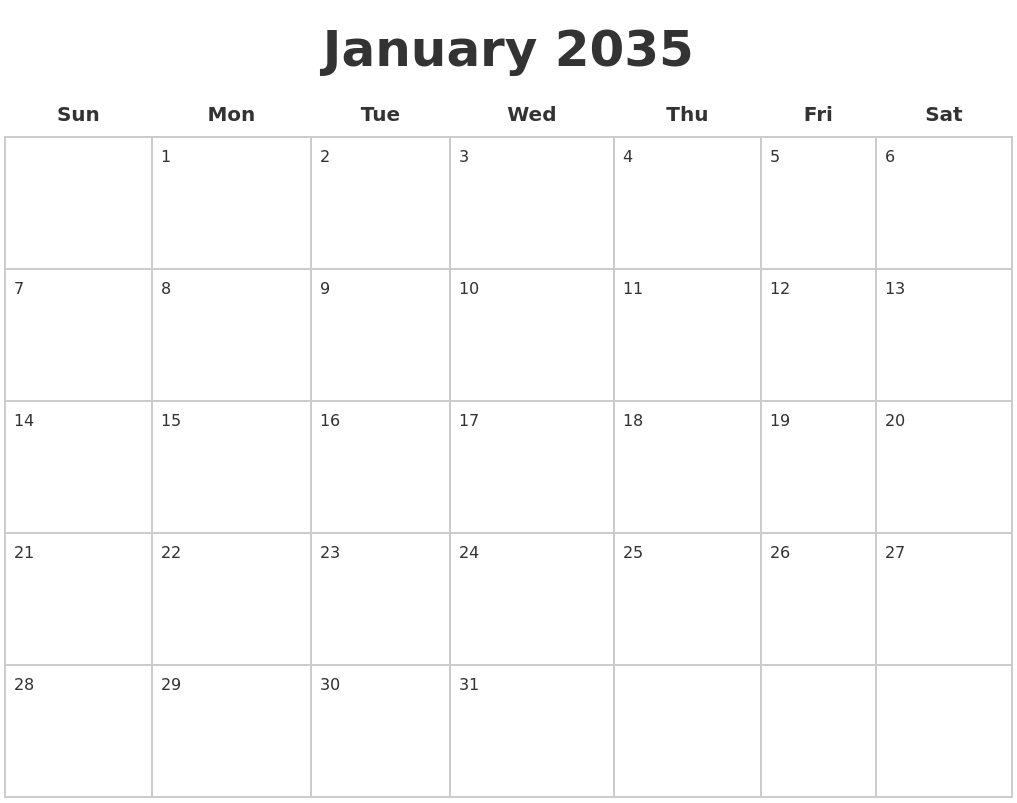 January 2035 Blank Calendar Pages