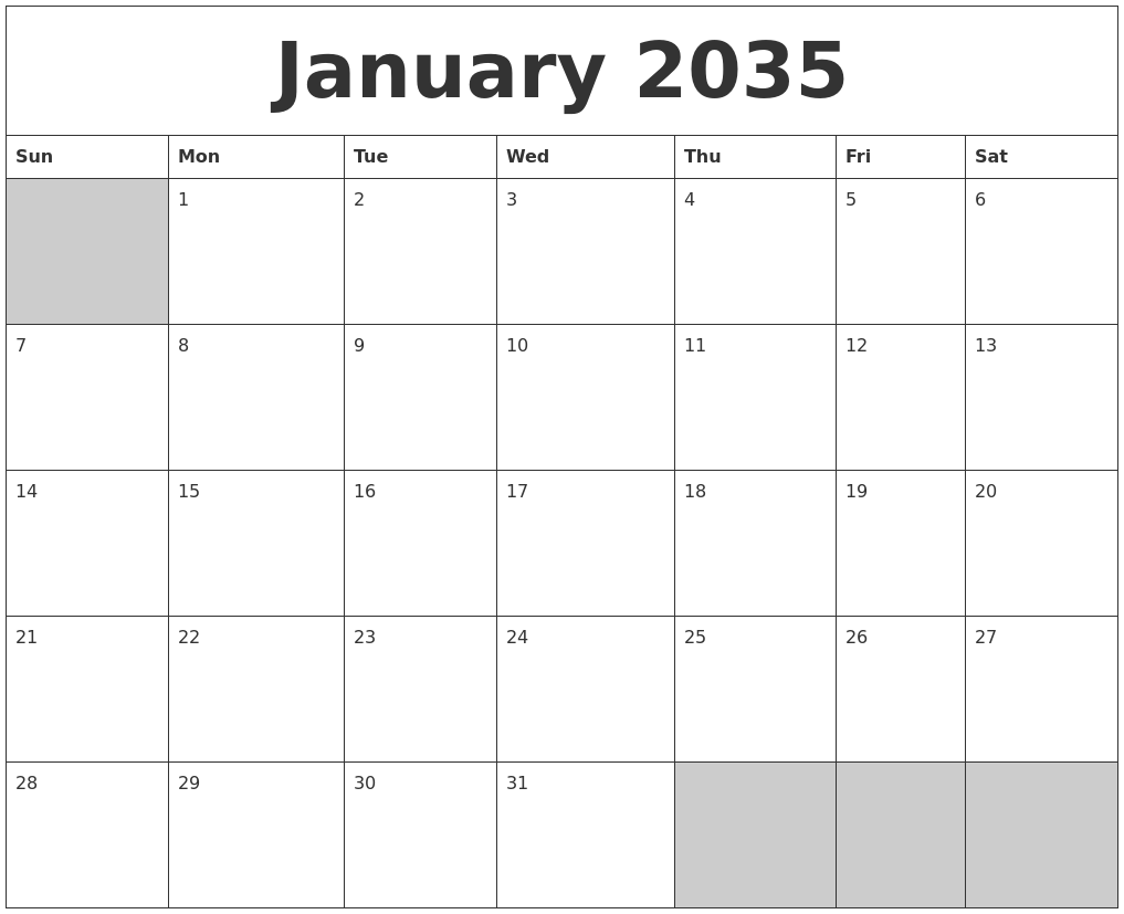 January 2035 Blank Printable Calendar
