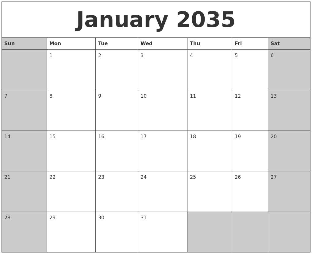 January 2035 Calanders