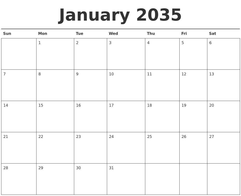 January 2035 Calendar Printable