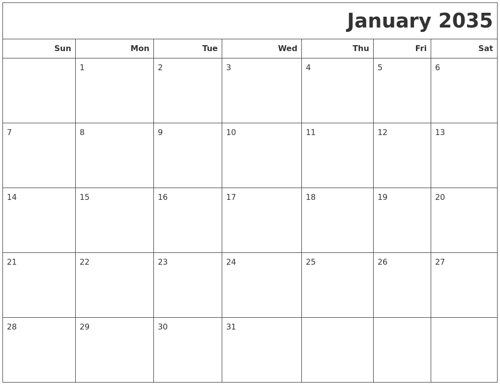 January 2035 Calendars To Print