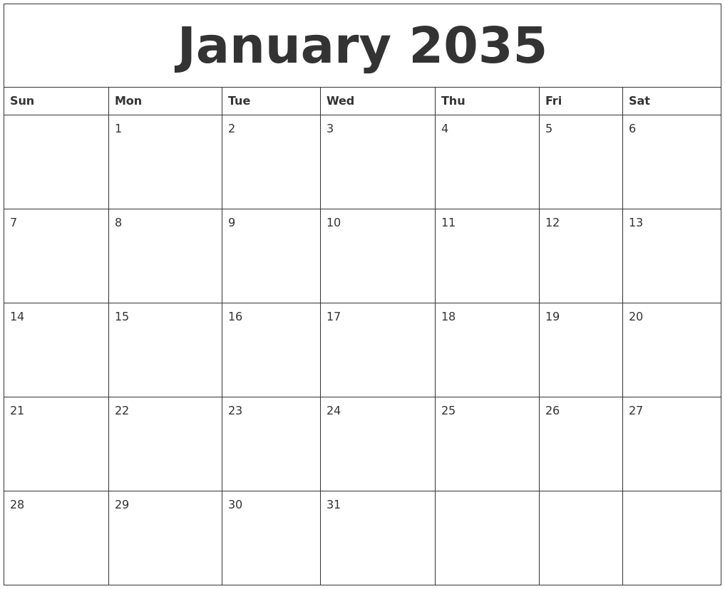 January 2035 Free Monthly Calendar Template