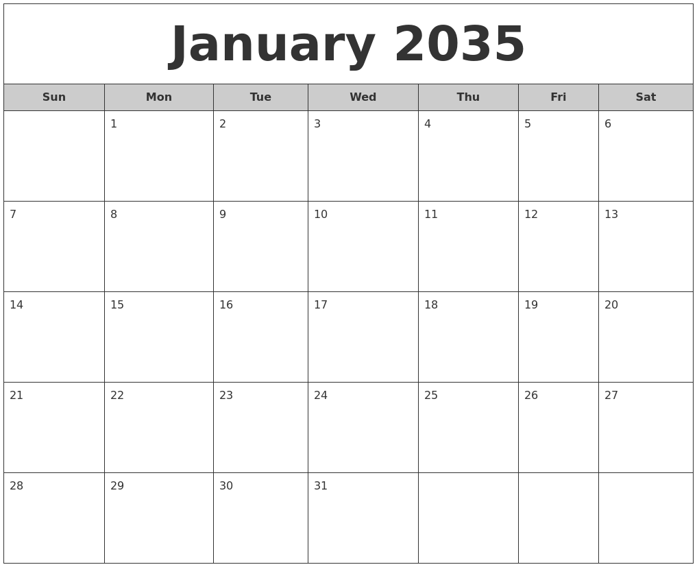 January 2035 Free Monthly Calendar