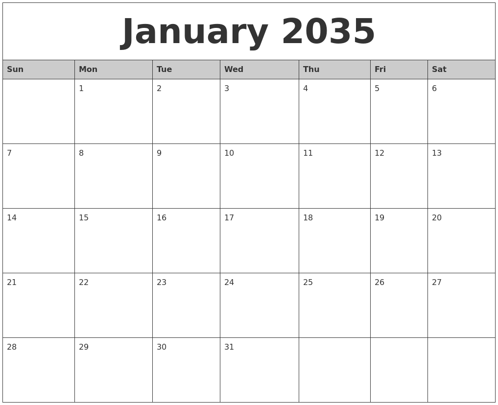 January 2035 Monthly Calendar Printable