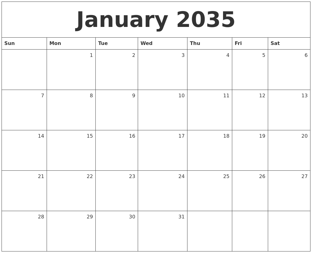 January 2035 Monthly Calendar