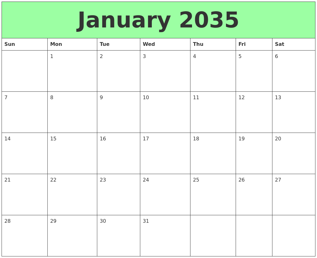 January 2035 Printable Calendars