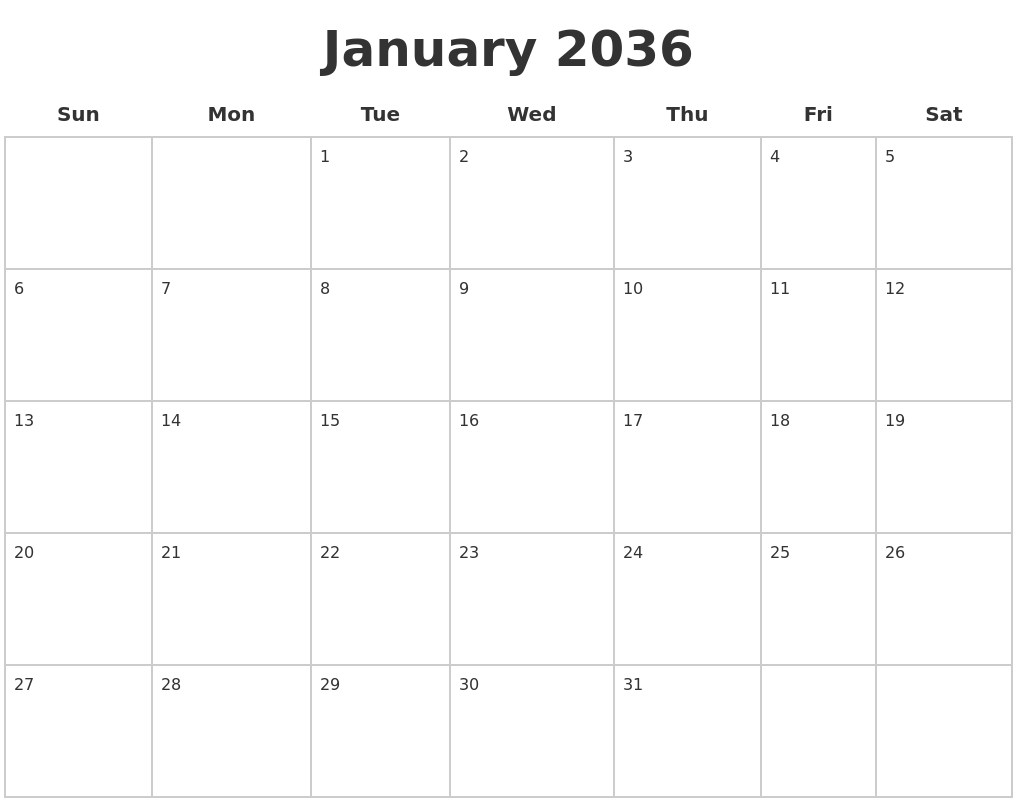 January 2036 Blank Calendar Pages