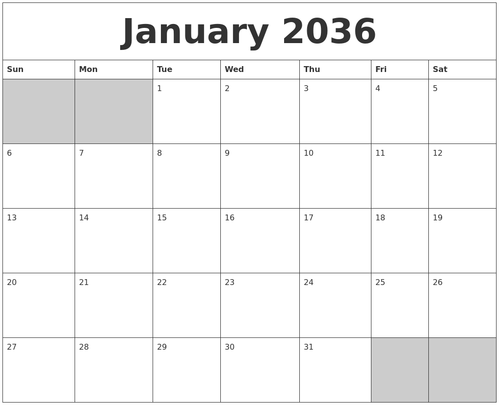 January 2036 Blank Printable Calendar