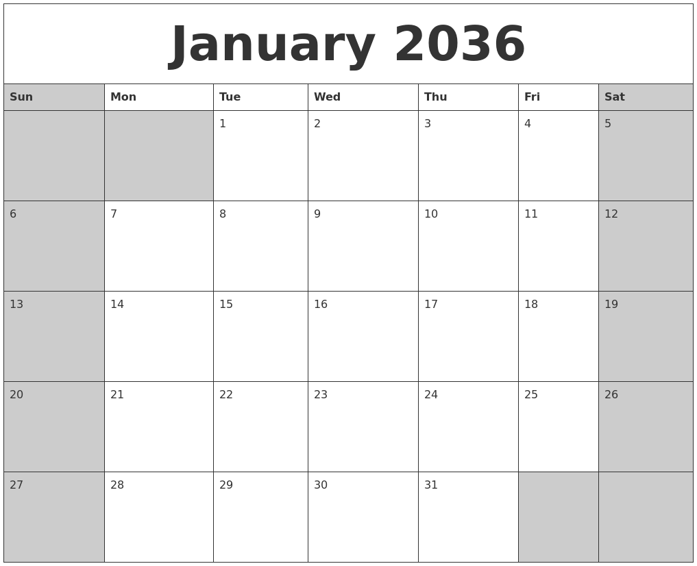 January 2036 Calanders