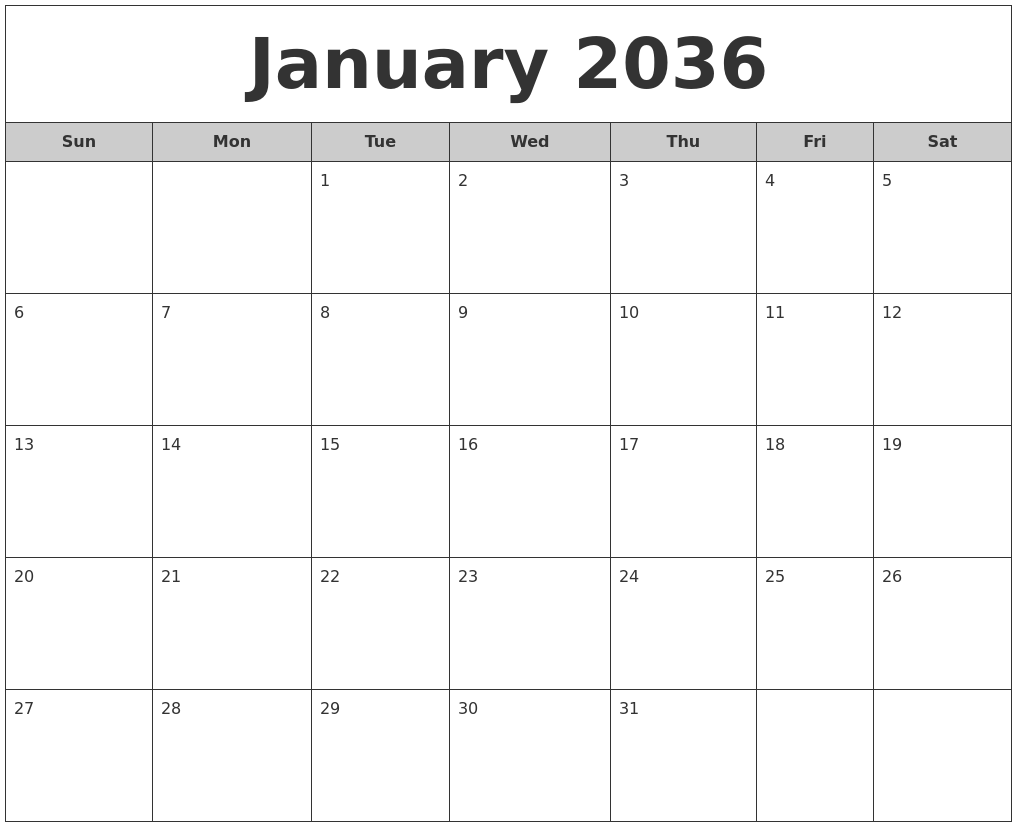 January 2036 Free Monthly Calendar