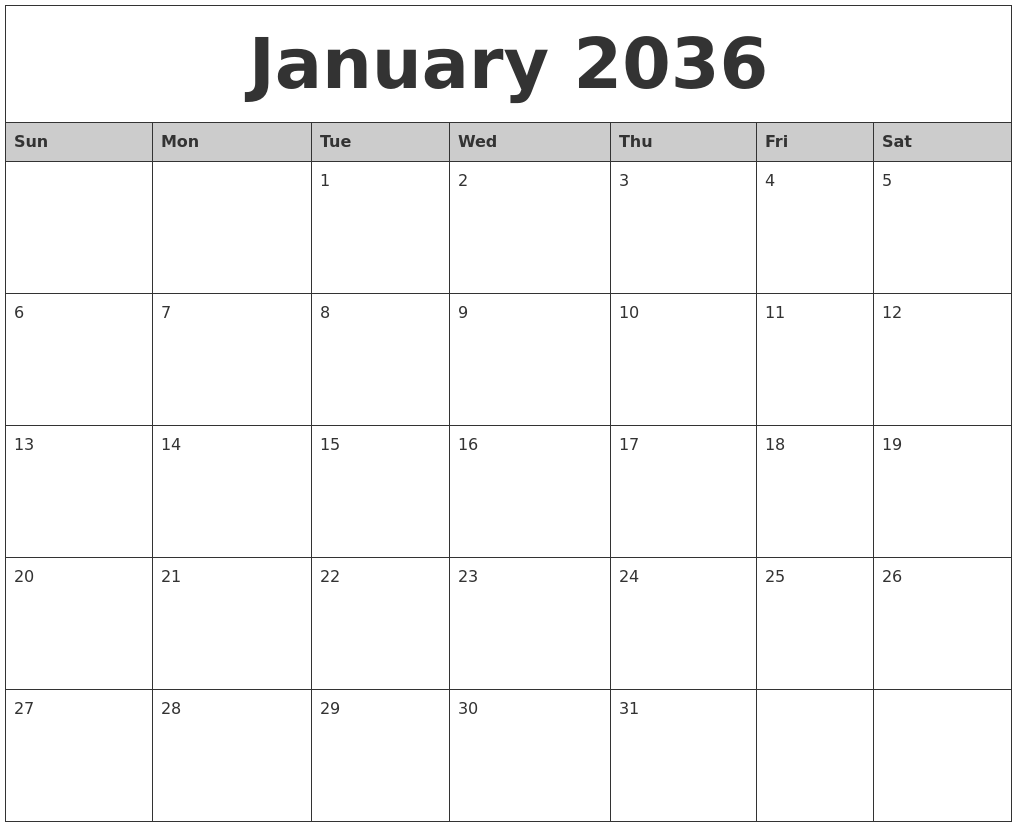 January 2036 Monthly Calendar Printable