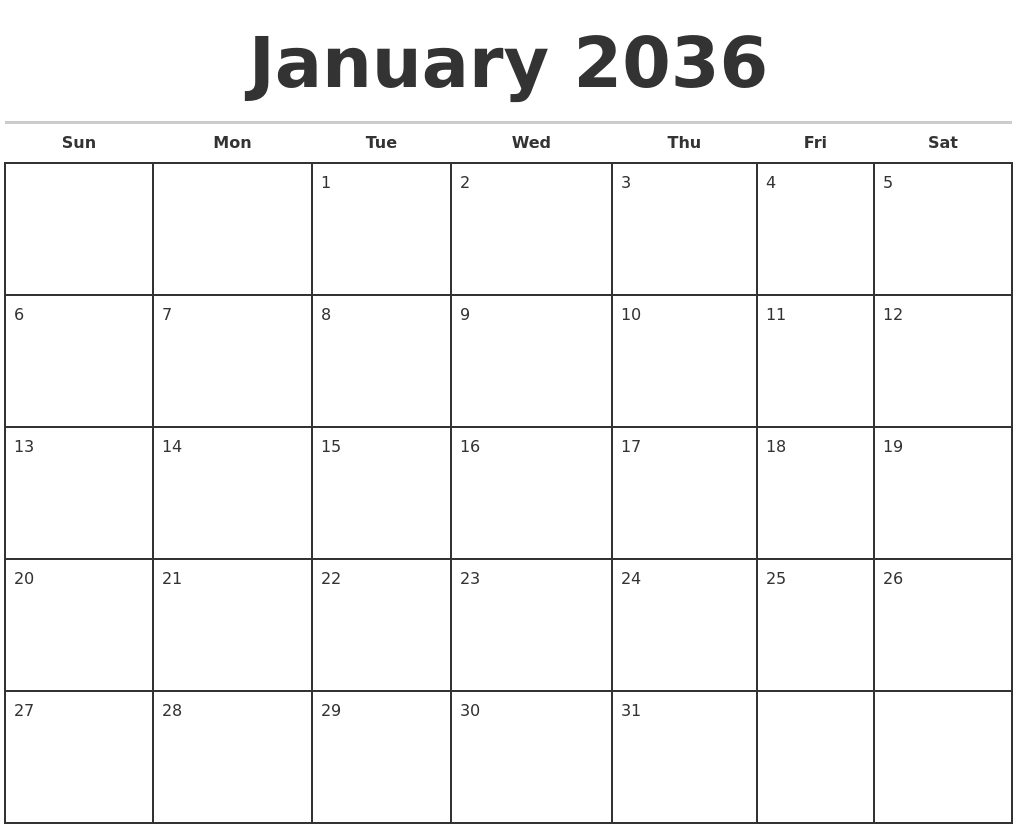 January 2036 Monthly Calendar Template