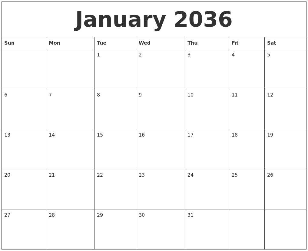 January 2036 Monthly Calendar To Print