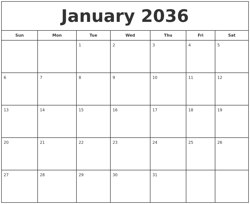January 2036 Print Free Calendar