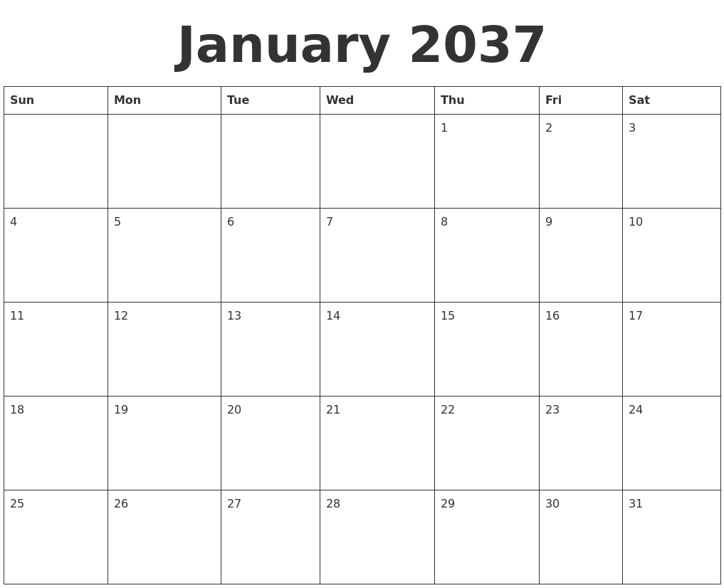 January 2037 Blank Calendar Template