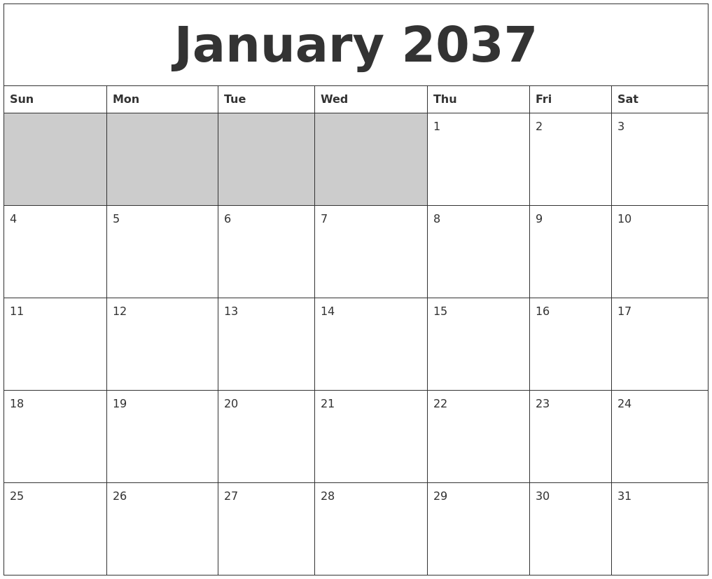 January 2037 Blank Printable Calendar