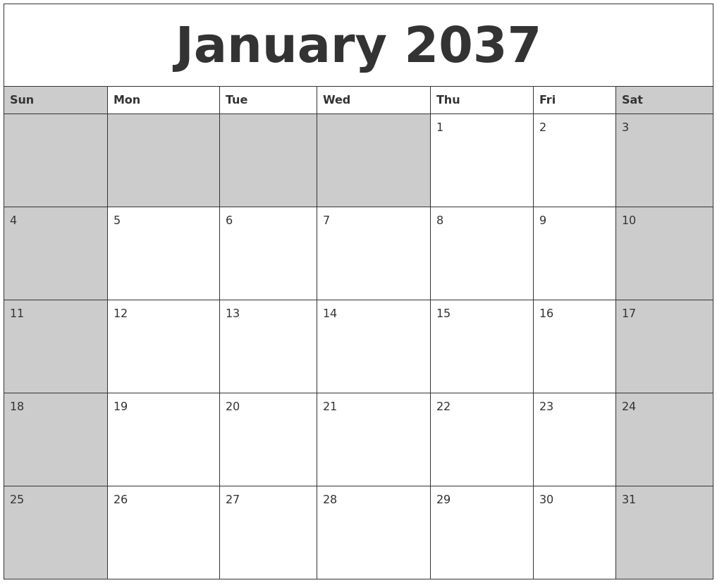 January 2037 Calanders