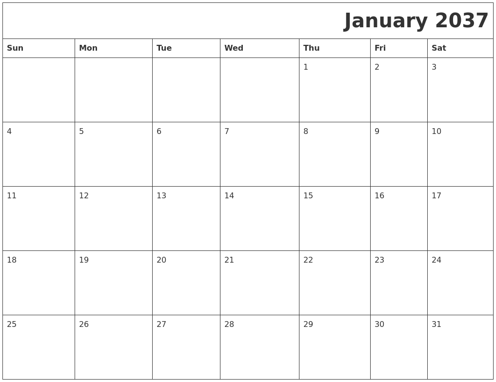 January 2037 Download Calendar