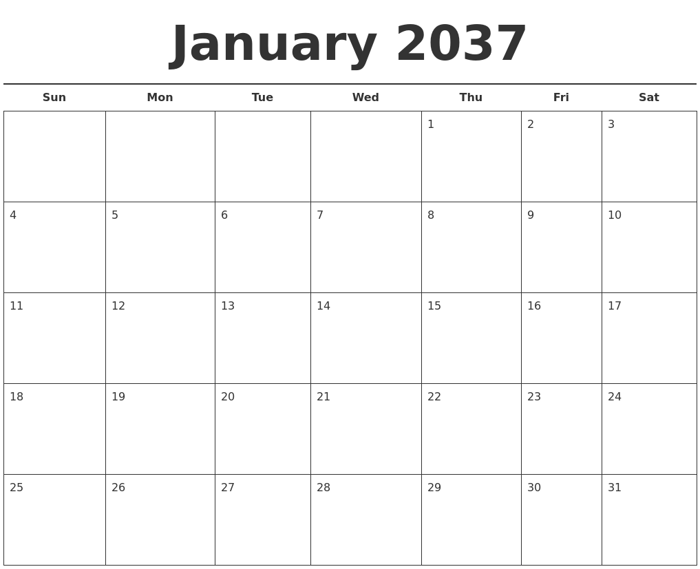 January 2037 Free Calendar Template