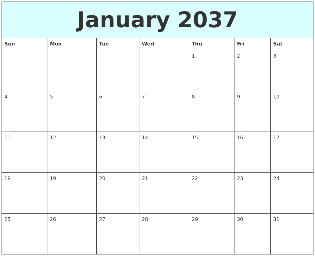 January 2037 Free Calendar