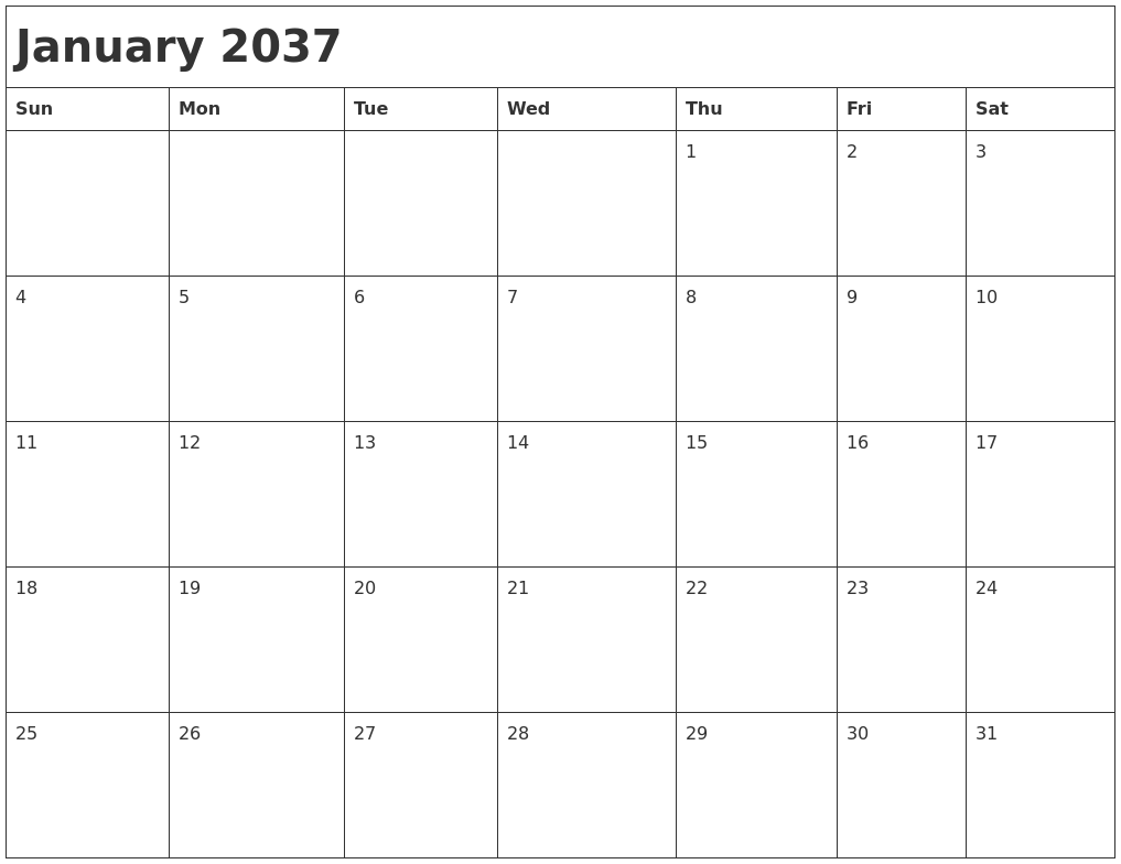 January 2037 Month Calendar
