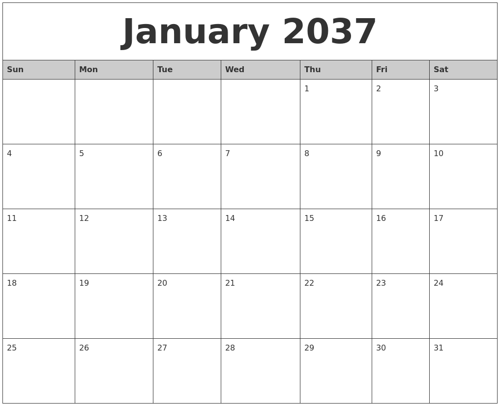 January 2037 Monthly Calendar Printable
