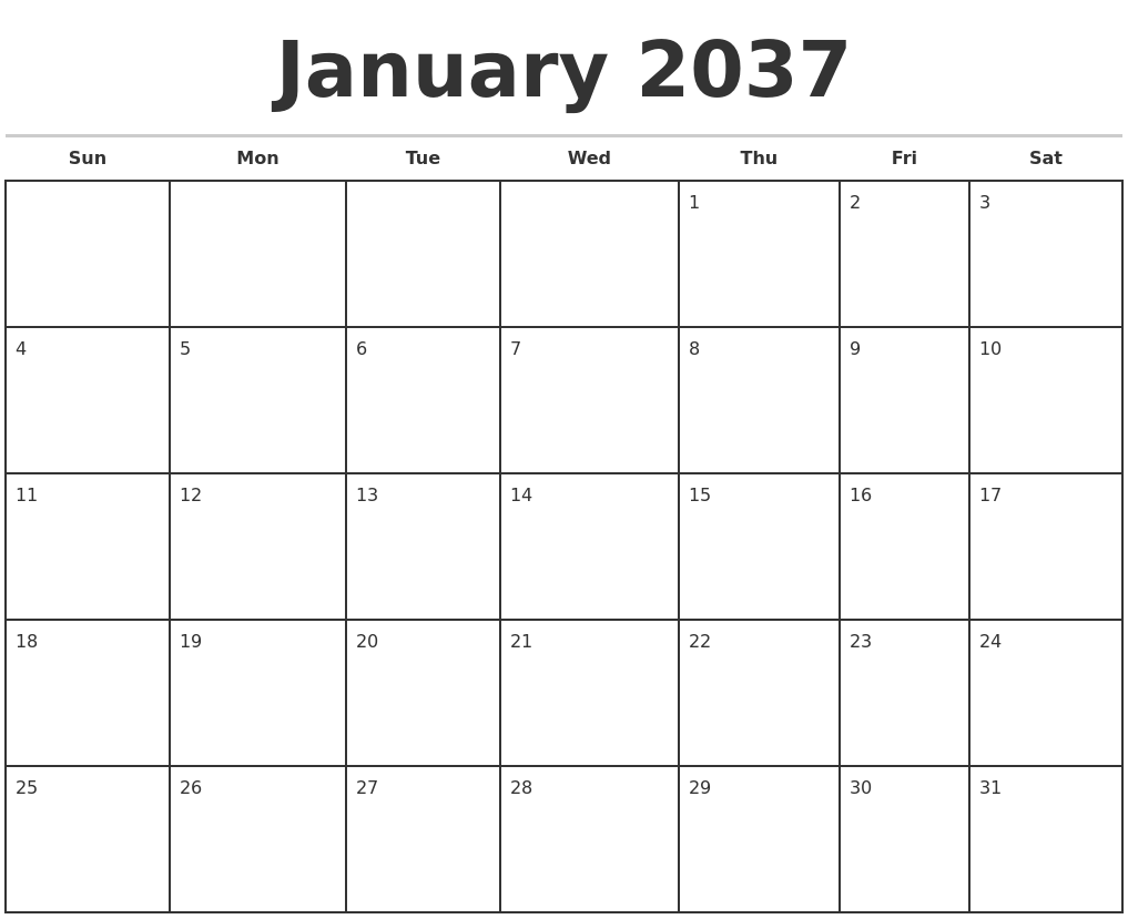 January 2037 Monthly Calendar Template