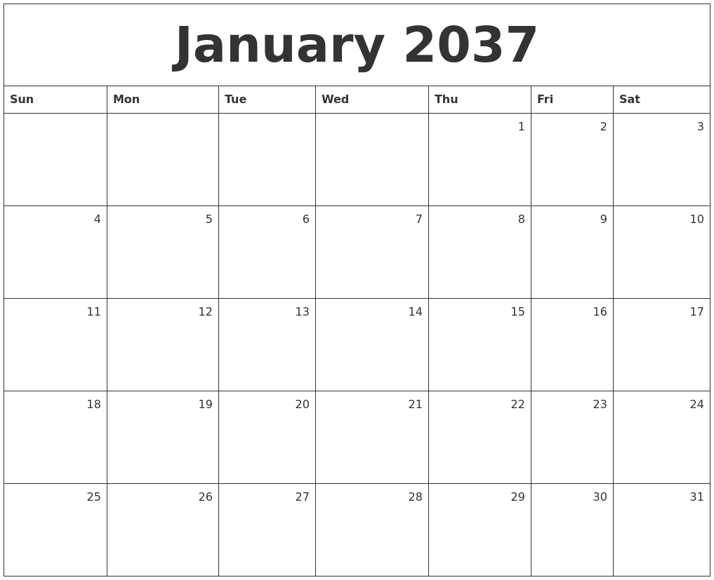 January 2037 Monthly Calendar